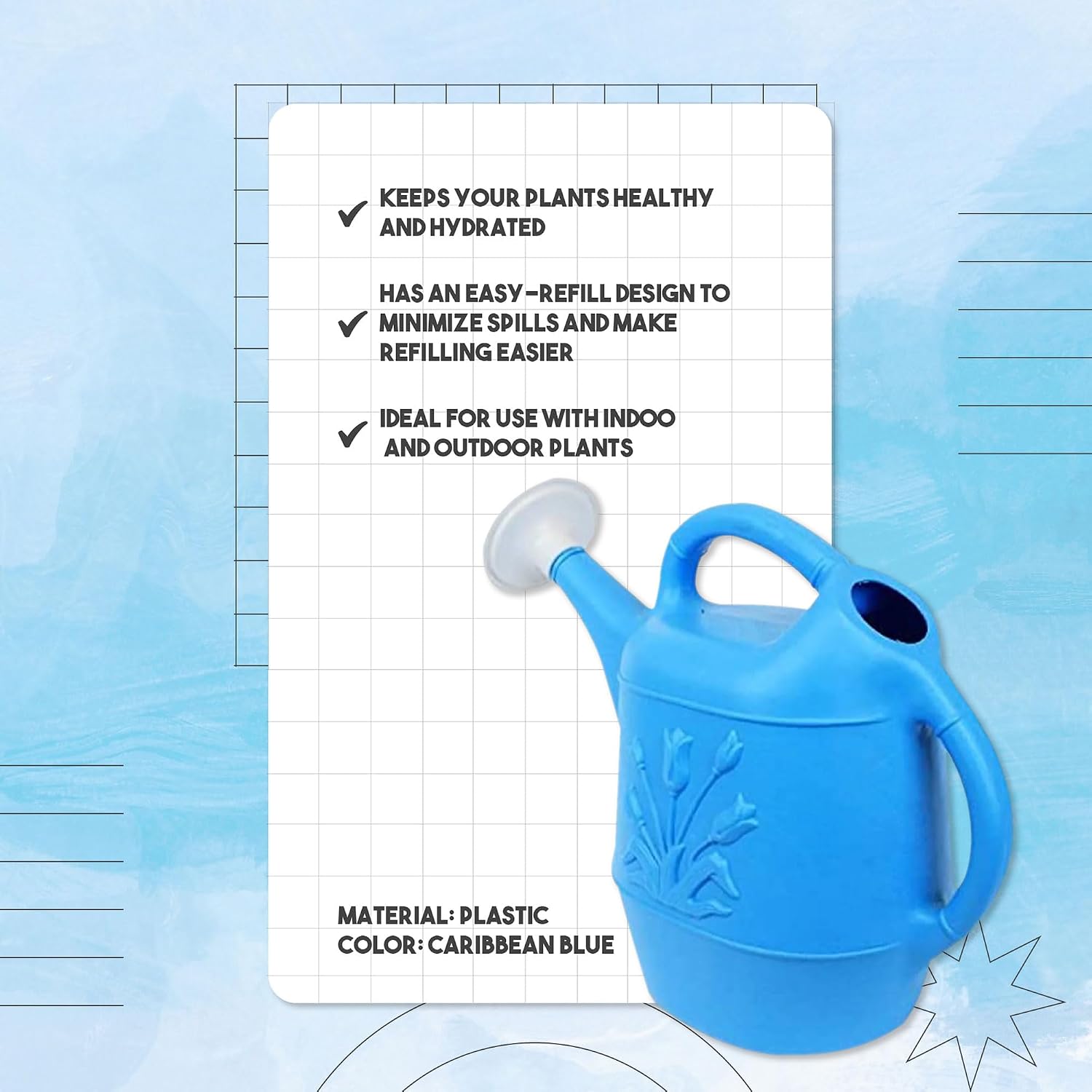 Union Products 63066 2 Gallon Plastic Indoor/Outdoor Watering Can w/Tulip Design for Garden, Potted Plants, & Patio Pots, Caribbean Blue