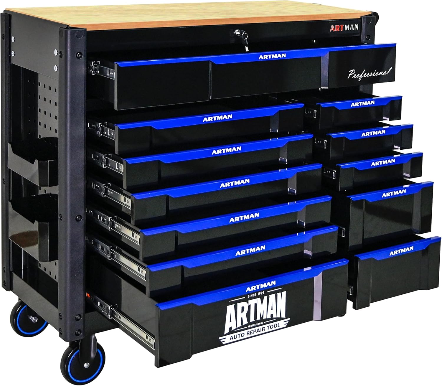 12-Drawer Rolling Tool Chest with Wood Top, Heavy Duty Cabinet | Heavy-duty metal tool chest with 12 drawers