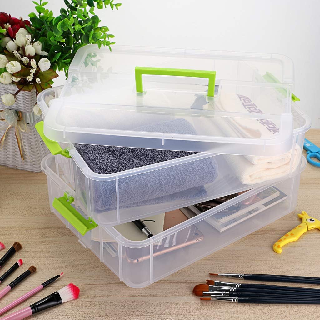 JUXYES 2-Tiers Plastic Stack Carry Storage Containers Box wih Handle Lids