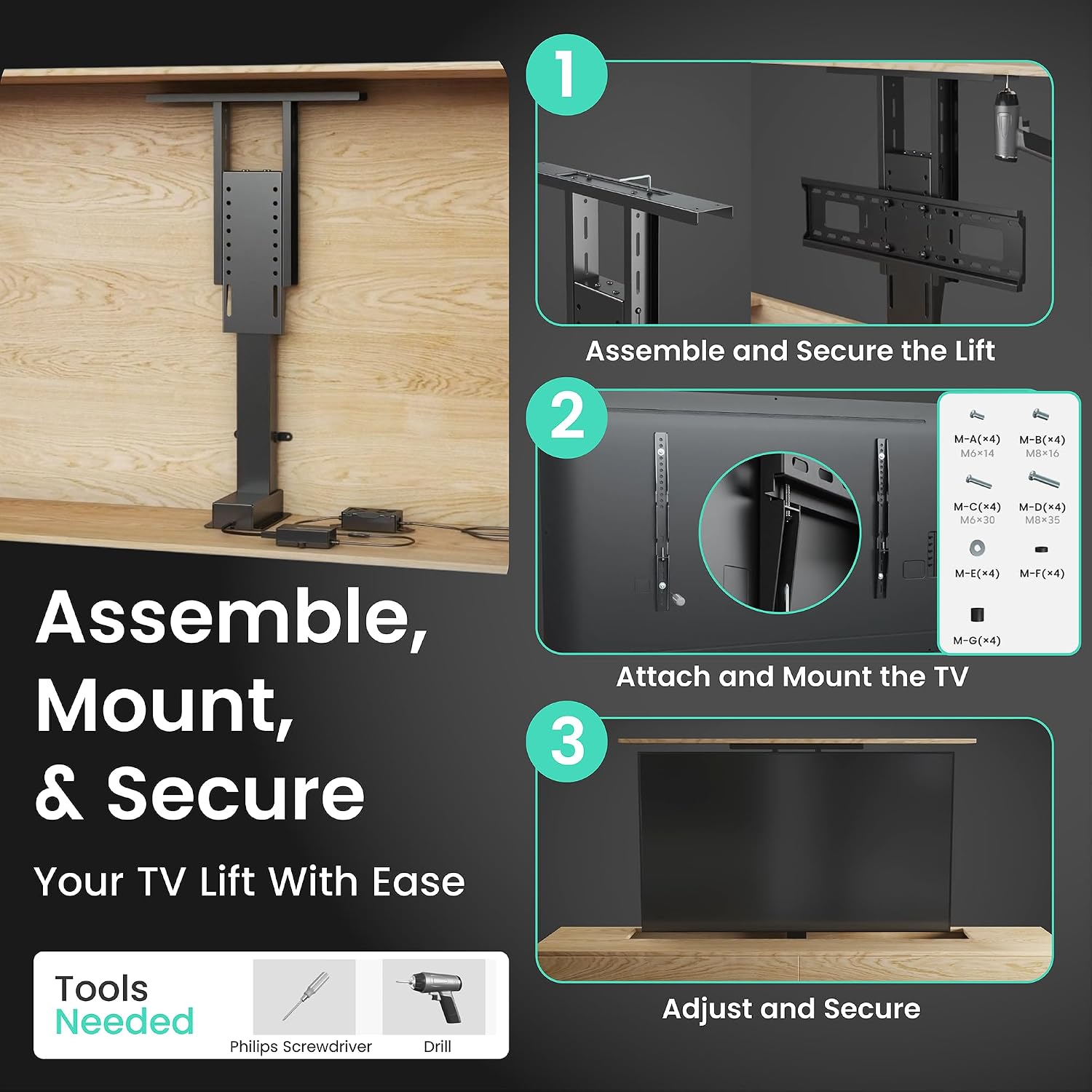 ynVISION.DESIGN Motorized TV Lift Mount for 37"-77" TV's | Vertical Lift Motor TV Stand with RF Remote and Smart Phone Control via WiFi