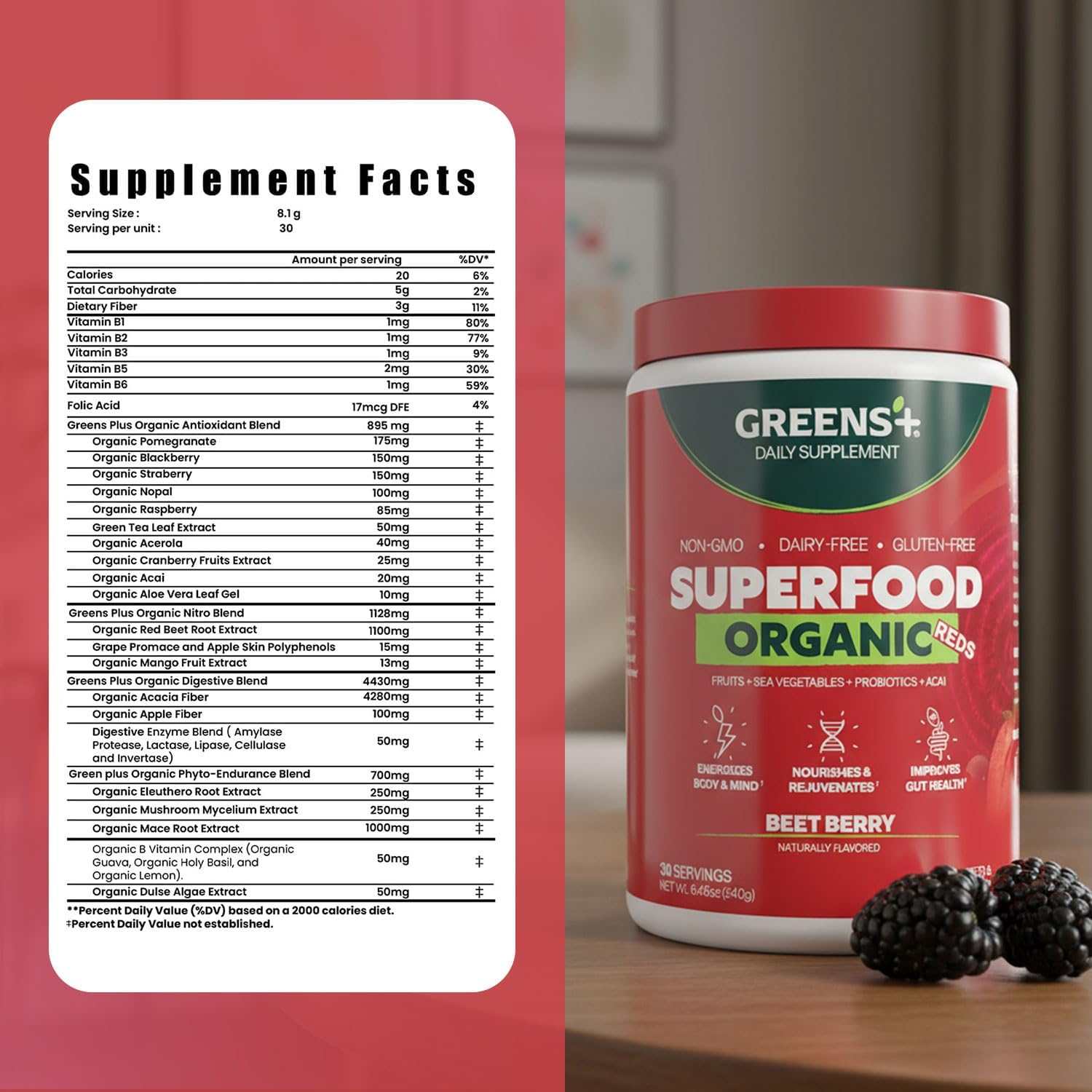 Greens+ Organic RAW Superfood Powder, Dietary Supplement | 8.46oz | Energy Boost | Super Blend Immune Support, Morning Kick, Nutrition Vibrant Health, Vegan, Soy Free | Dairy Free | Gluten Free