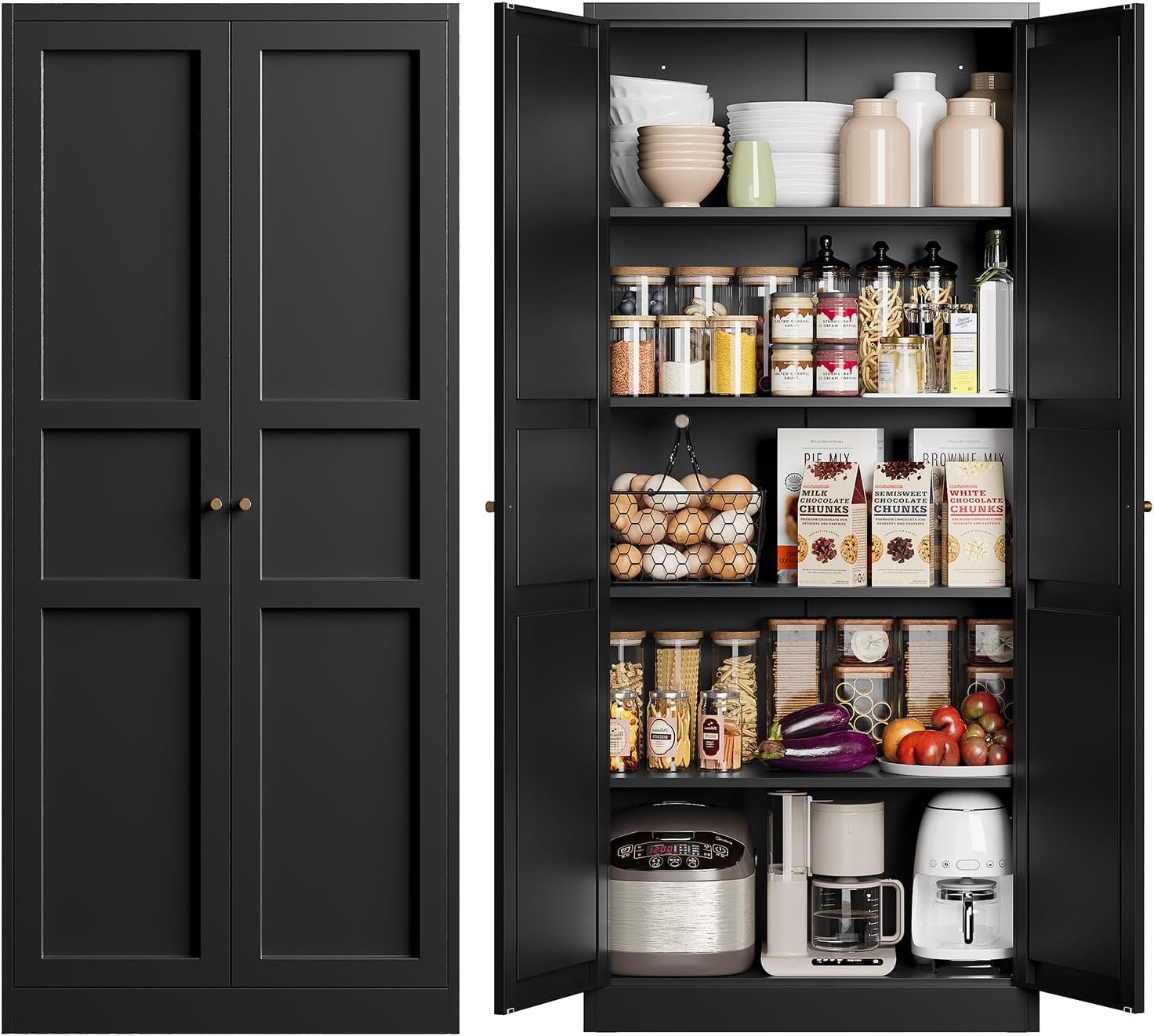 Metal Storage Cabinet with 2 Doors and 4 Adjustable Shelves - 61" White Kitchen Pantry Storage 5-Tier Tall Steel Cabinets Locker for Kitchen, Living Room, Dining Room