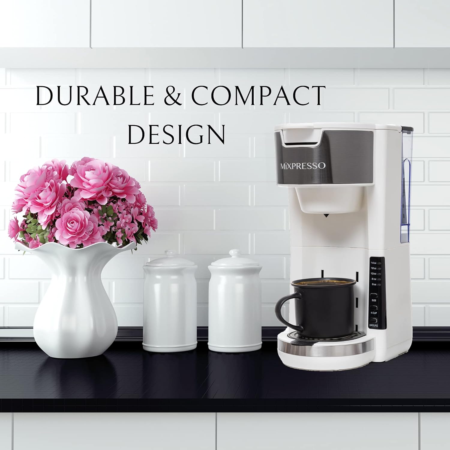 Mixpresso Black Single Serve Coffee Brewer K-Cup Pods Compatible & Ground, 30 oz Compact Coffee Maker Single Serve With 5 Brew Sizes Up To 14 Oz