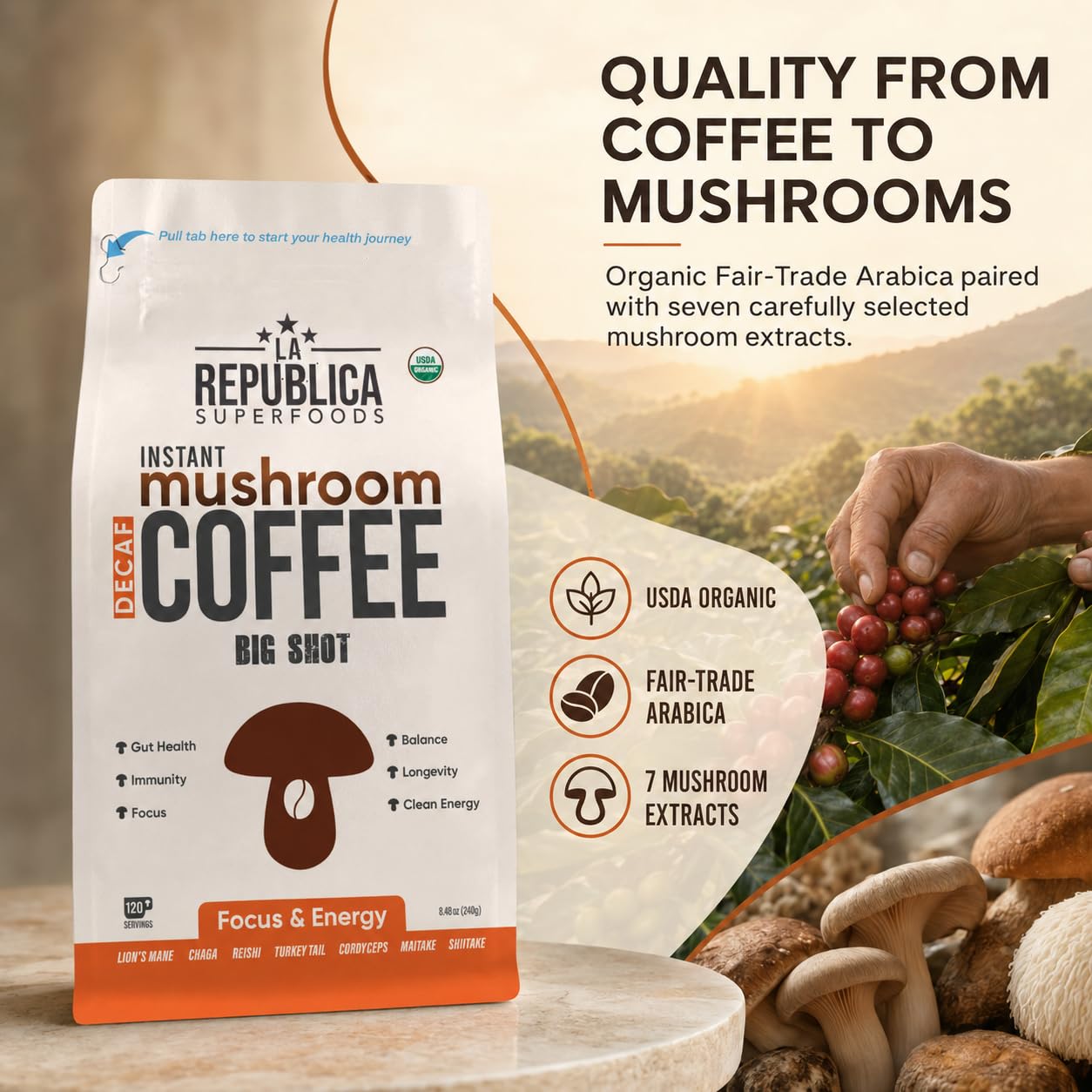 La Republica DECAF Organic Mushroom Coffee (35 Servings) with 7 Superfood Shrooms, Great Tasting Instant Mix Includes Lion's Mane, Reishi, Chaga, Cordyceps, Shiitake, Maitake, and Turkey Tail (Decaffeinated)