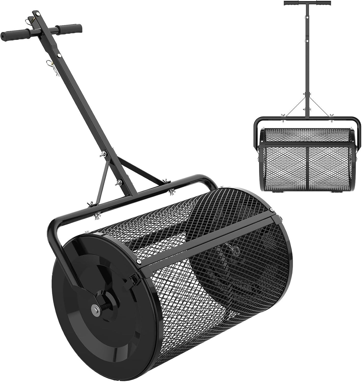 Seeutek Compost Spreader, 24" Peat Moss Spreader with 3 Heights | Push or Tow Top Soil Spreader W/Upgraded Side Latches Support Rod Powder Coated Metal Mesh Top Dressing Spreader for Lawn