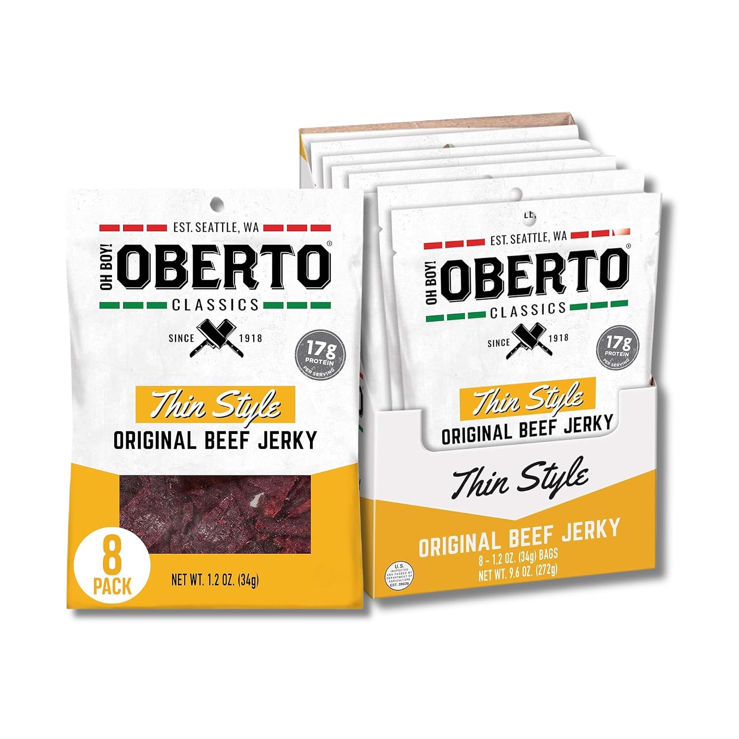 Oh Boy! Oberto Classics Thin Style Peppered Beef Jerky, 1.2 Ounce (Pack of 8)