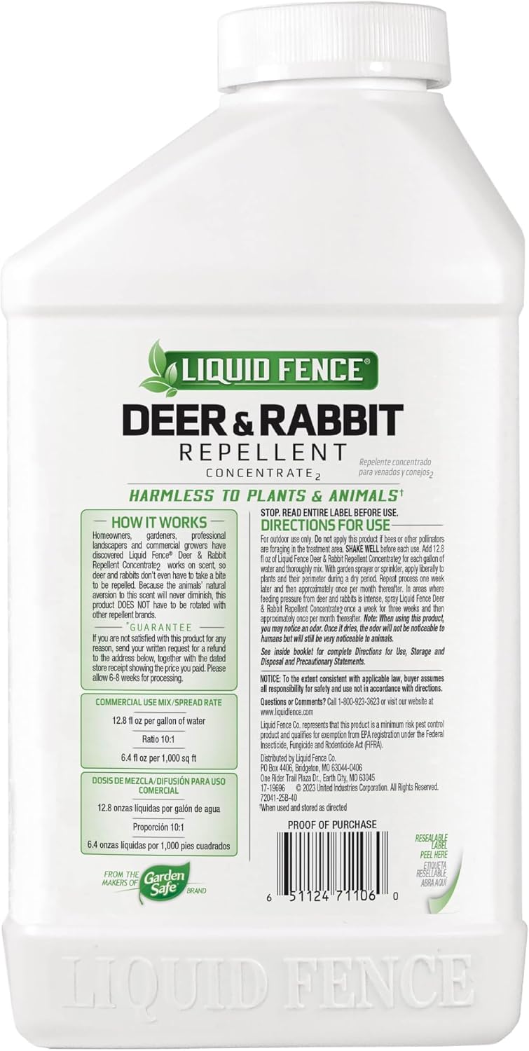 Liquid Fence Deer And Rabbit Repellent Concentrate 32 Ounces, Apply Year-Round | Use to Treat on Gardens, Flowers, Shrubs, Trees & Vines, Covers up to 5,000 Sq. Ft., Harmless to Plants & Animals