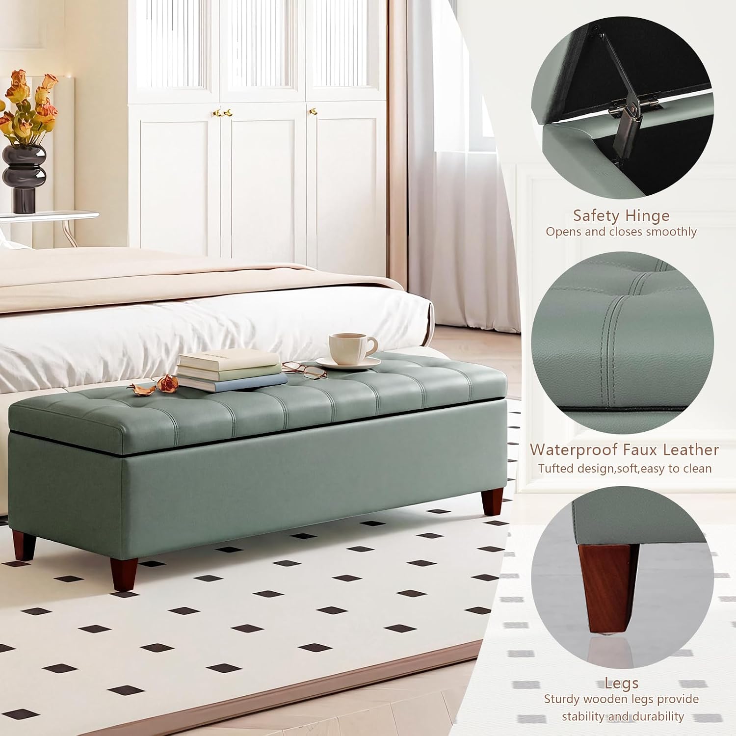 51 Inch Storage Bench,Leather Tufted Storage Ottoman with Legs | Safety Hinges,Wooden Legs,Upholstered,End of Bed,Bedroom,Living Room,Entryway,330LBS,Brown