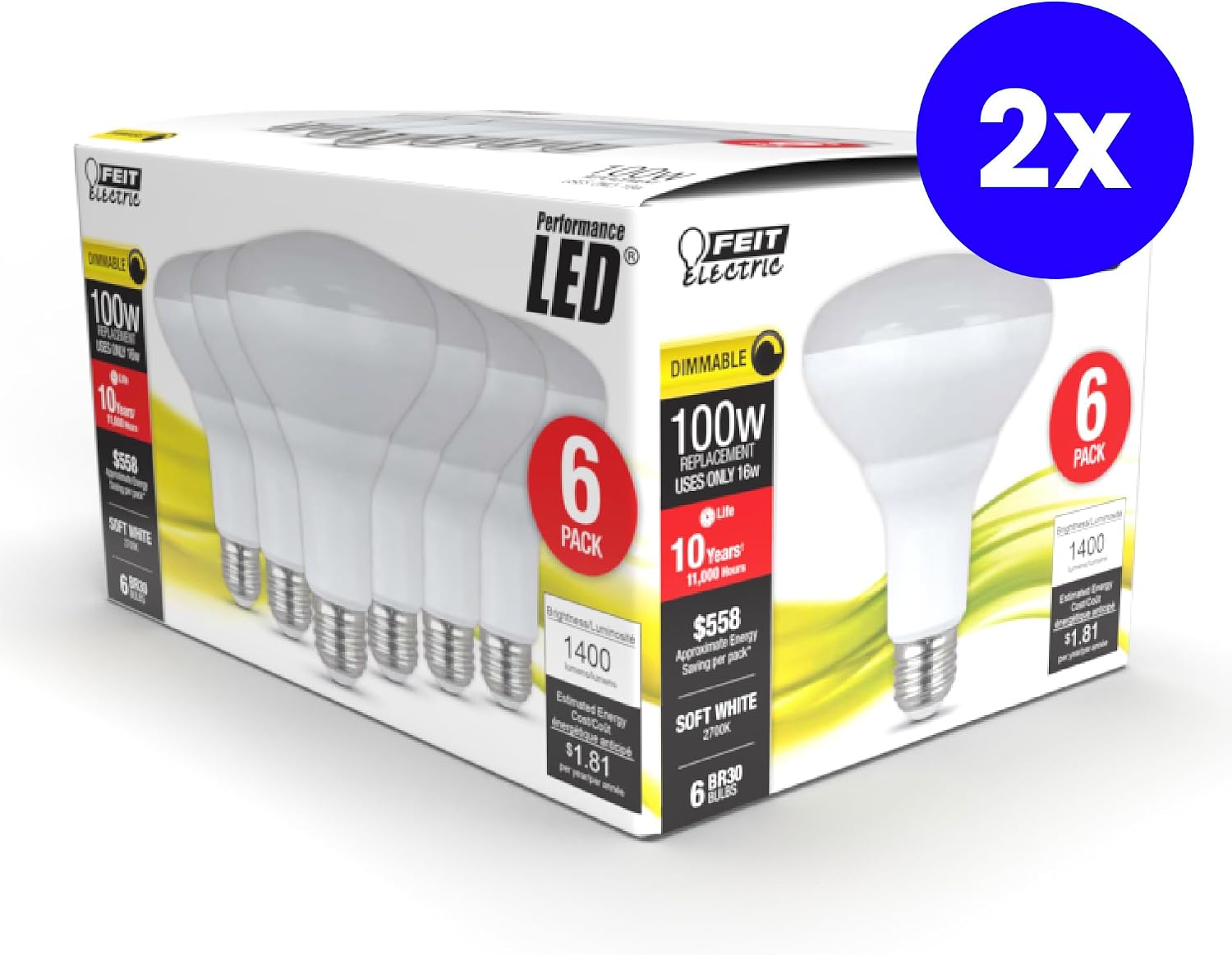 Feit Electric BR30 LED Light Bulbs, 65W Eq, Soft White, 3 Pack
