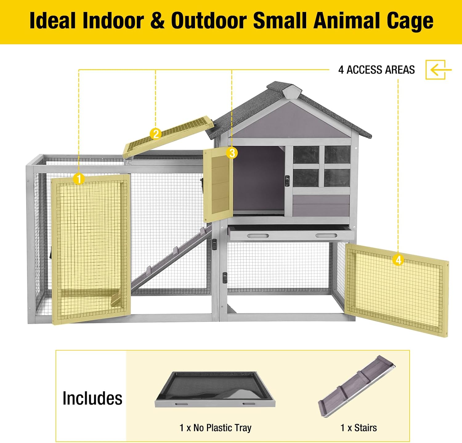 Aivituvin 103.2" L Rabbit Hutch Indoor Outdoor Bunny Cage with Run,Guinea Pig House Pull Out Upper Tray (103.2" L x 25.2" W x 36.2" H, Grey-2 Sets)