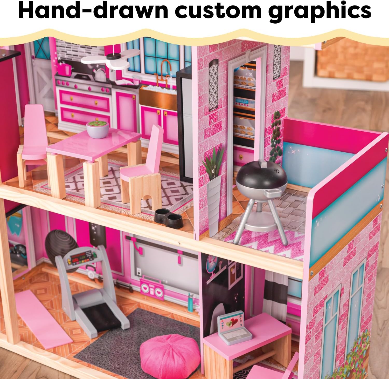 KidKraft Wooden Dollhouse Shimmer Mansion for 12" Dolls | Over 4 Feet Tall, Garage, For 12-Inch Dolls, DIY Pink Doll House, Gift for Ages 3+