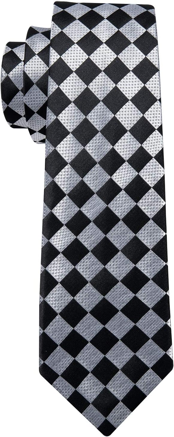 Barry.Wang Plaid Ties for Men Silk Necktie Handkerchief Cuff Links Set