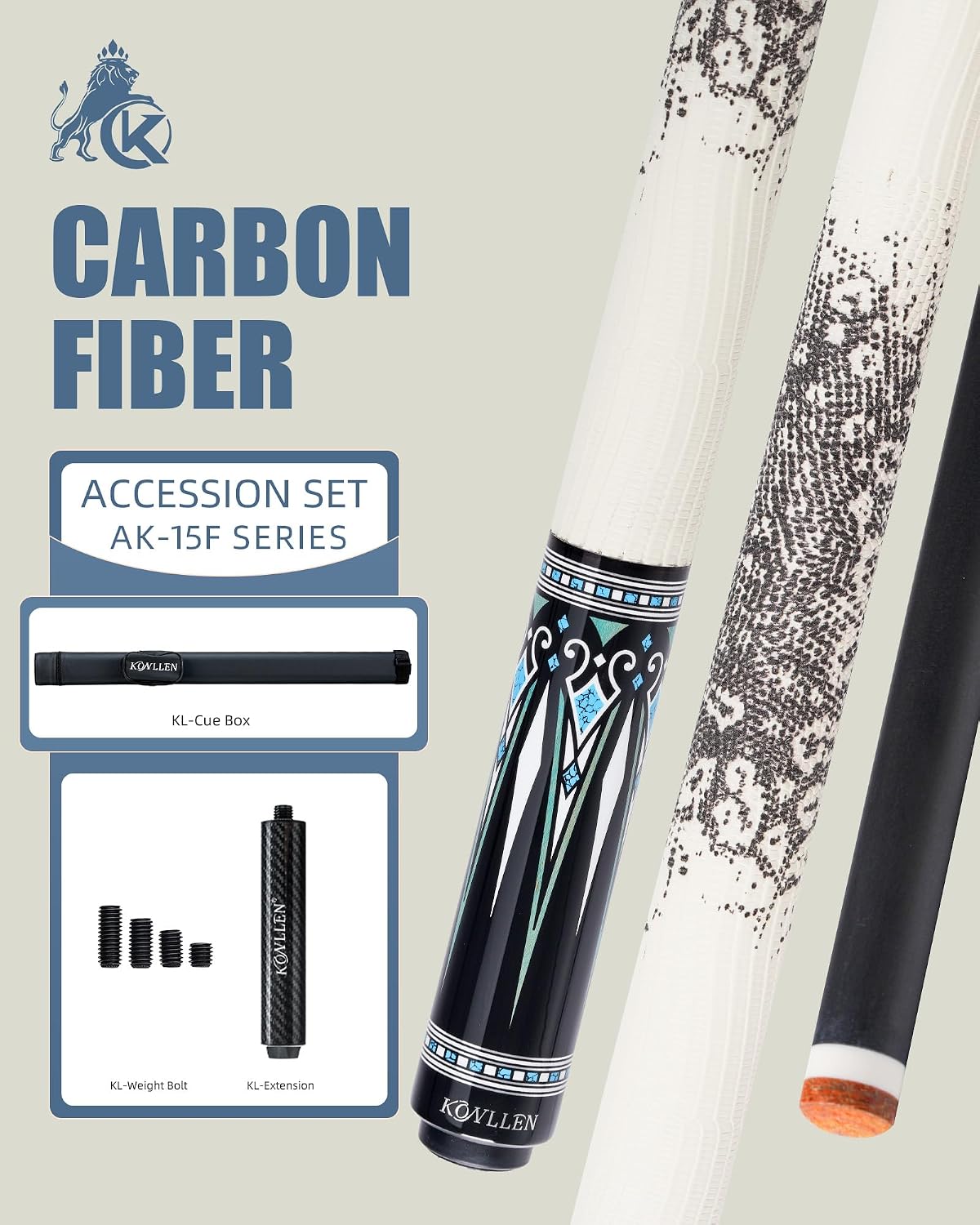 KONLLEN Carbon Fiber Pool Cue Stick 58-inch Professional Pool Sticks for Adults Full Carbon Technology Low Deflection Pool Cue Billiard Cues with 12.5mm Tip (Easy to Control, Pro Taper, Ultra-Smooth)