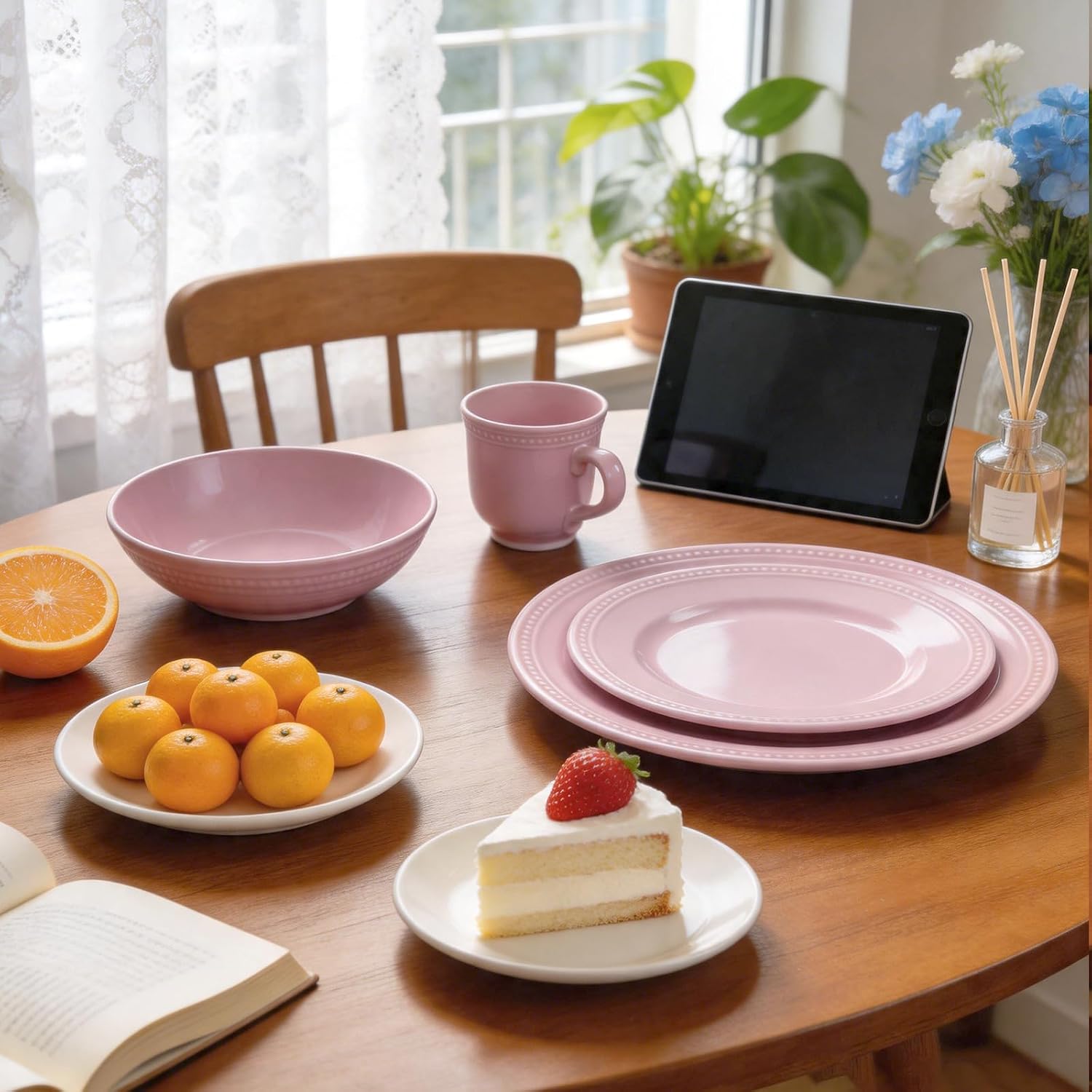 HomeVSS 20-Piece Pearl Dots Stoneware Dinnerware Set, Pink, Service for 4
