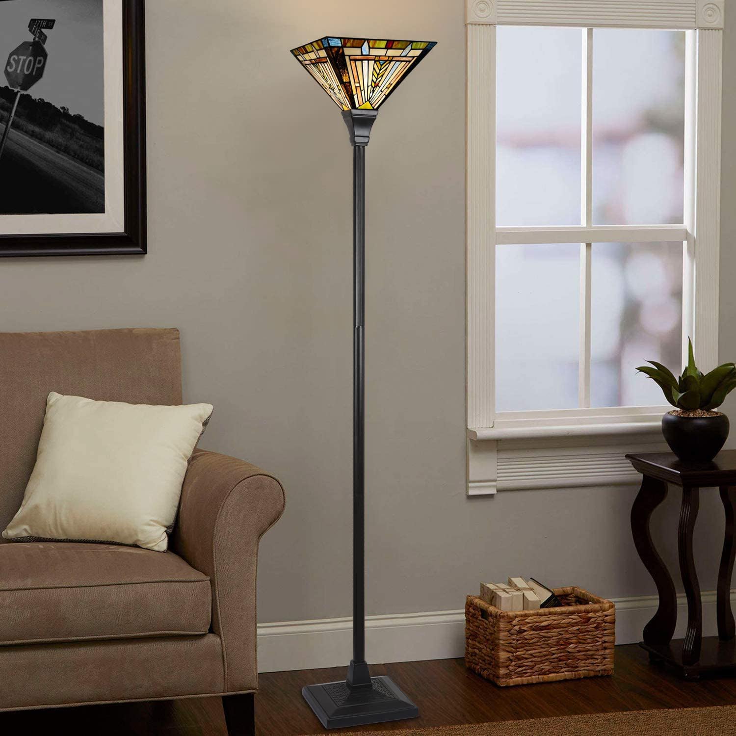 Tiffany Torchiere Floor Lamp 70" Tall Antique Stained Glass Torch Light