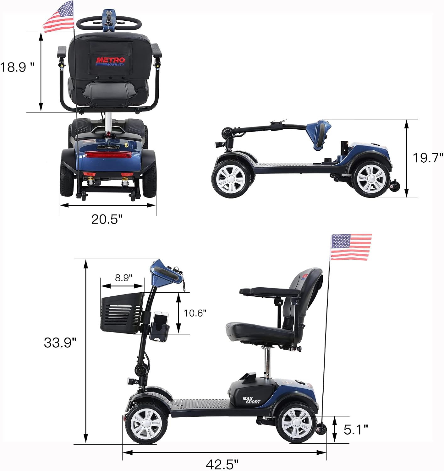 Metro Mobility 4 Wheel Powered Mobility Scooter for Seniors - 300 lbs Capacity Electric Mobility Scooter for Adults - Long Range Power Extended