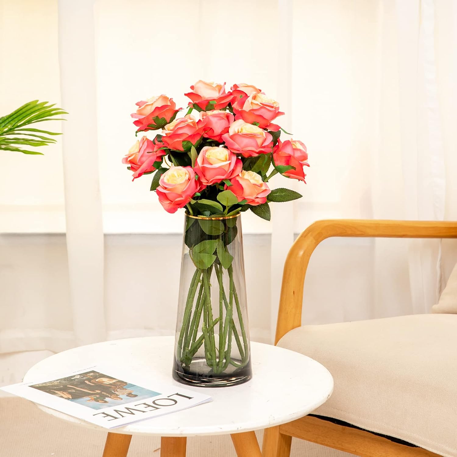 Hawesome 12PCS Artificial Silk Flowers Realistic Roses Bouquet Long Stem for Home Wedding Decoration Party (Yellow, 6 Flowers 6 Buds)
