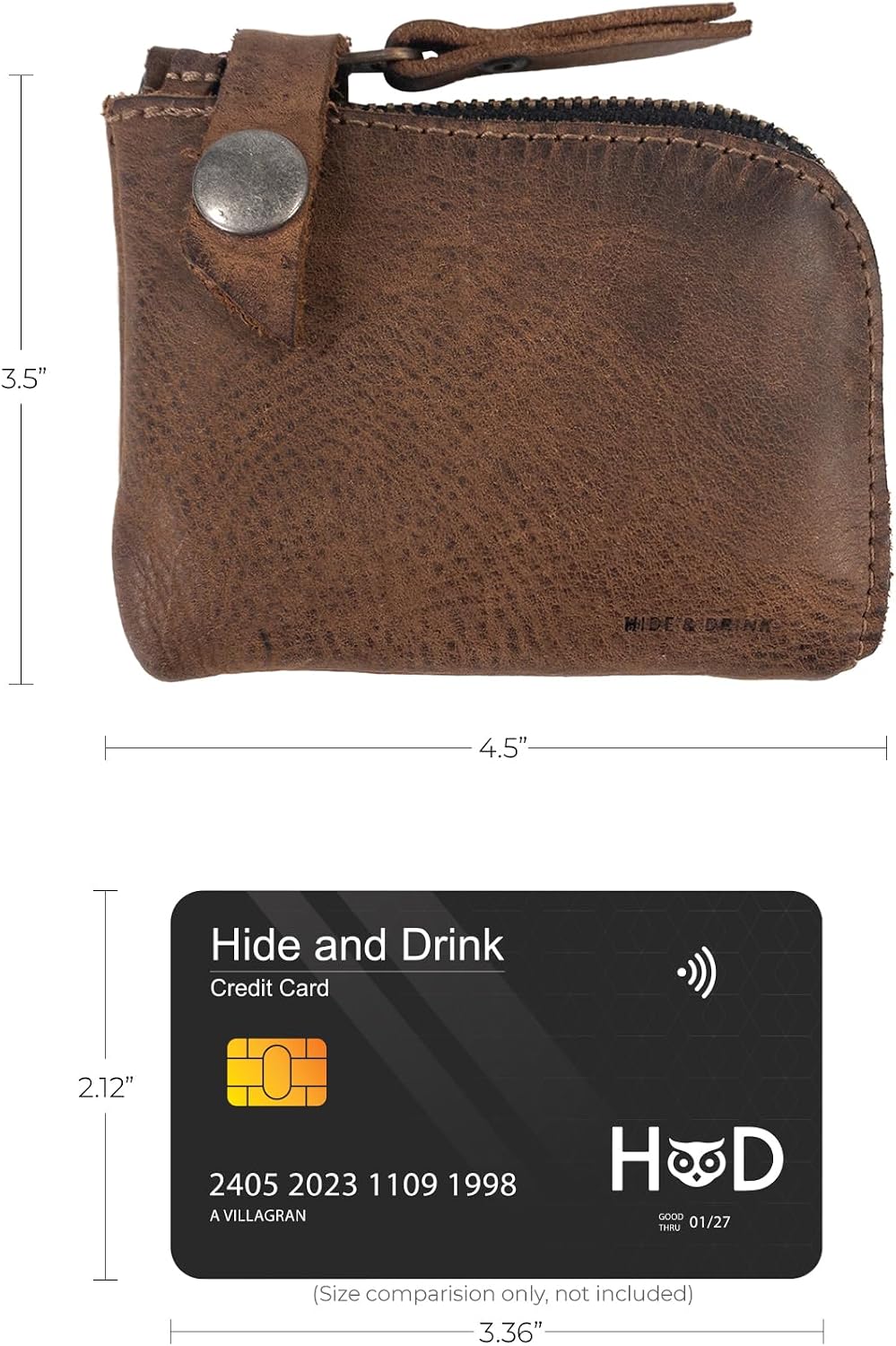 Hide & Drink, Leather Zippered Wallet, Holds Up to 6 Cards Plus Folded Bills, Pouch Organizer, Cash Holder, Travel Essentials, Mini, Pocket-Size, Handmade (Bourbon Brown)