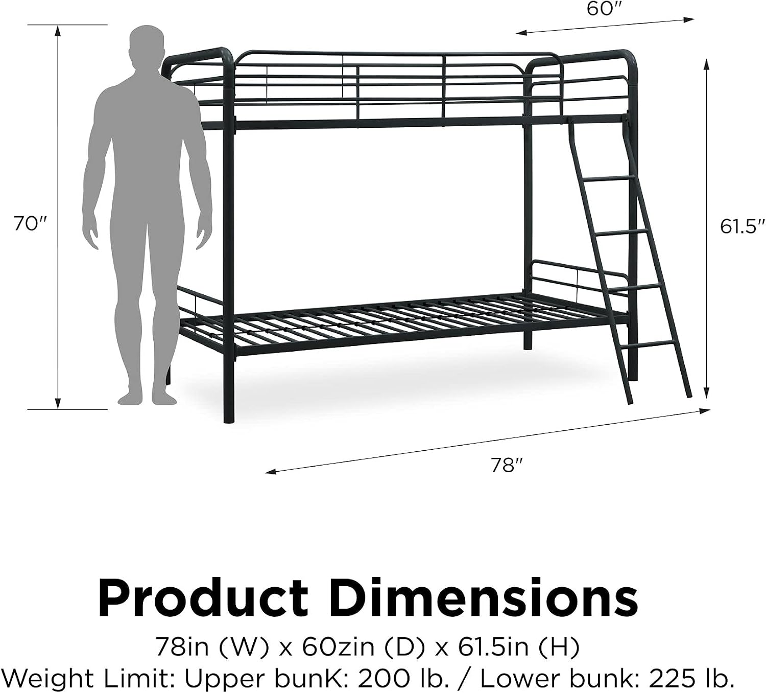 DHP Twin-Over-Futon Convertible Couch and Bed with Metal Frame, Ladder and Guardrails - Black