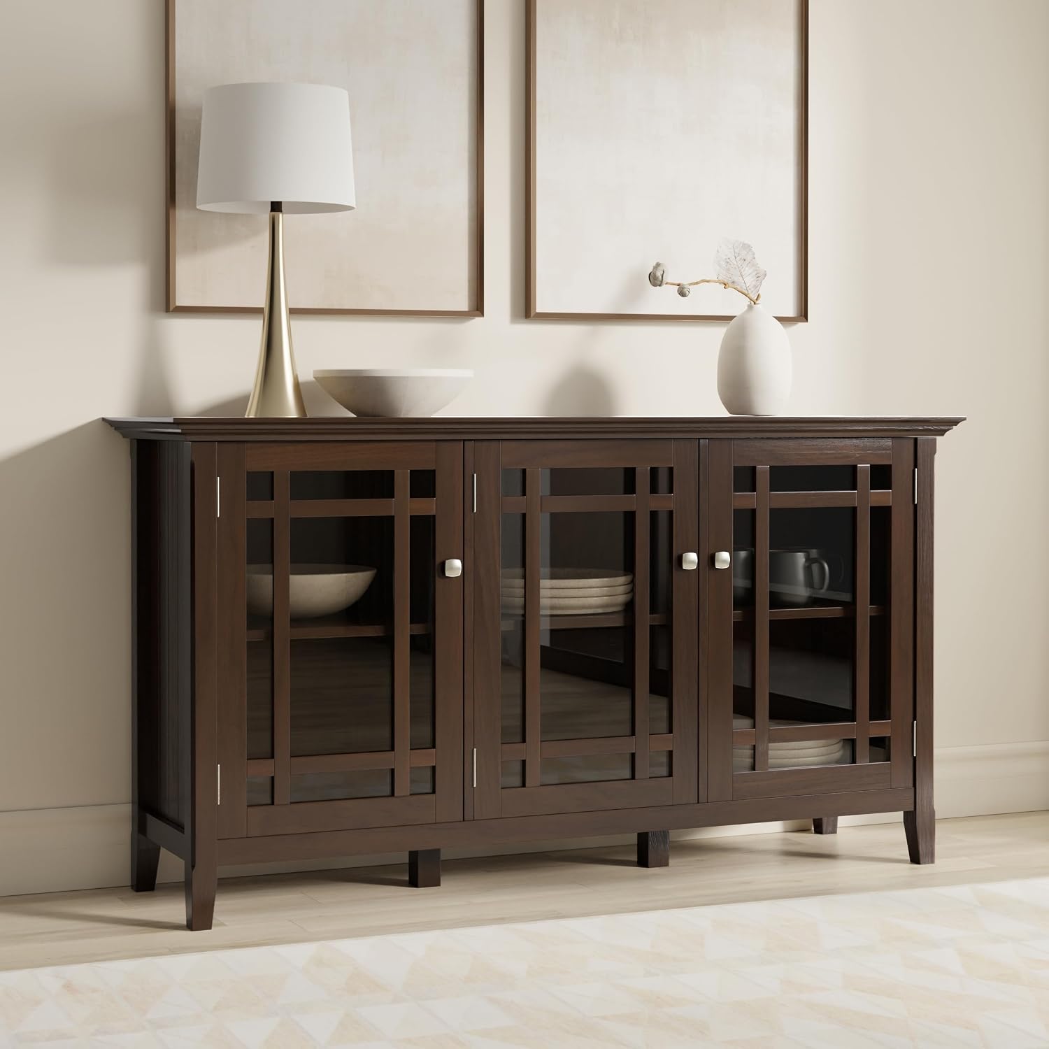 SIMPLIHOME Bedford 62" Wide Solid Wood Sideboard in Brunette Brown | Transitional low media console with glass doors and storage shelves for the living room, entryway or dining room.