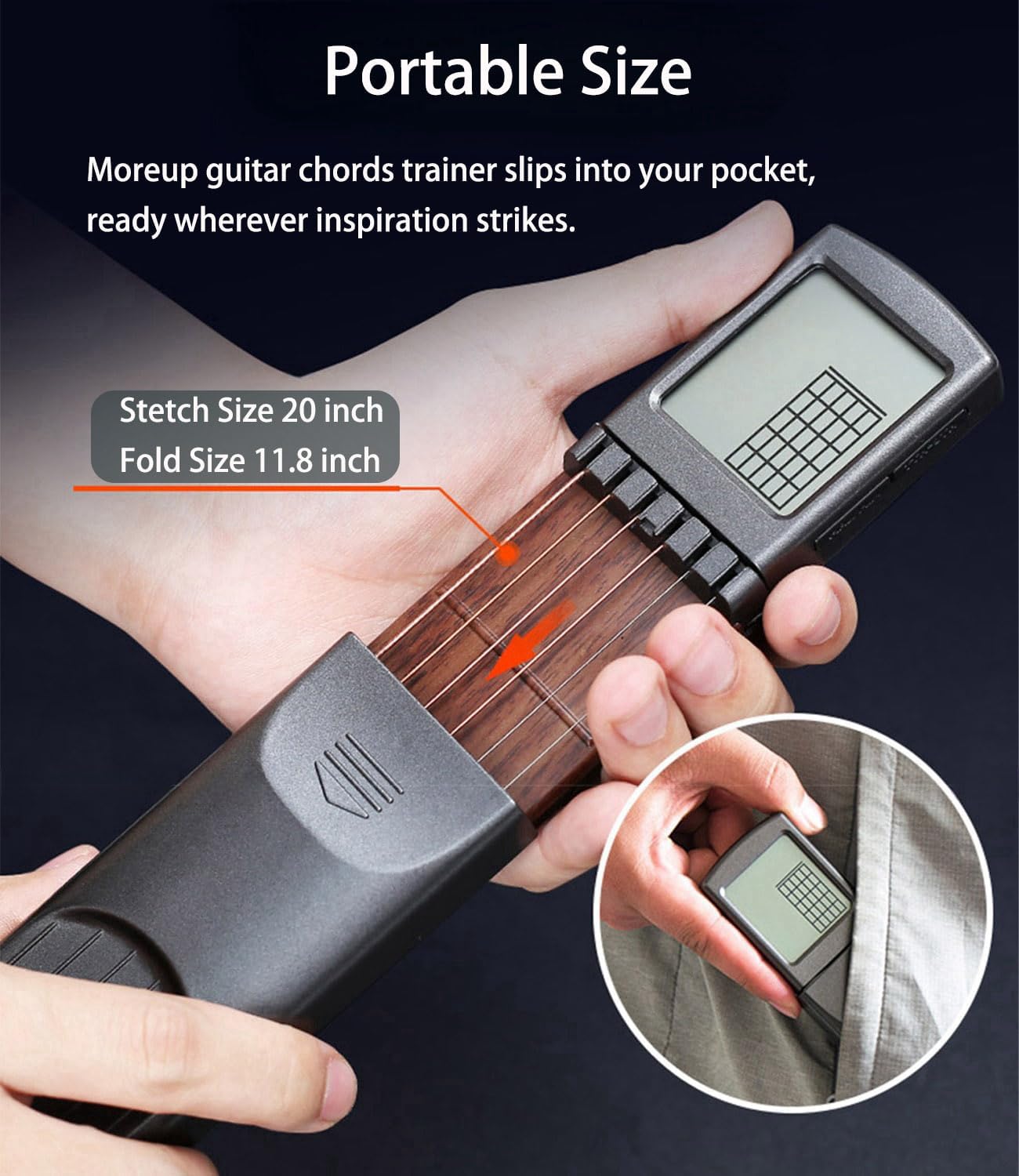 Pocket Guitar Chord Practice Tool, Portable Guitar Neck for Trainer Beginner w/a Rotatable Chords Chart Screen Battery Included