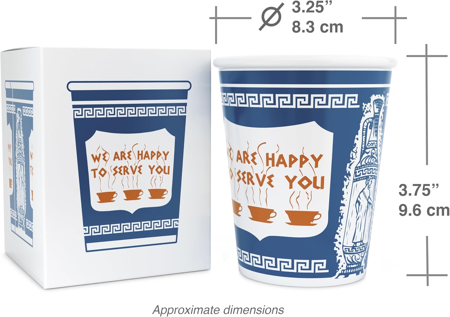 ExceptionLab 10 oz Ceramic New York City Greek Coffee Cup "We are Happy to Serve You"