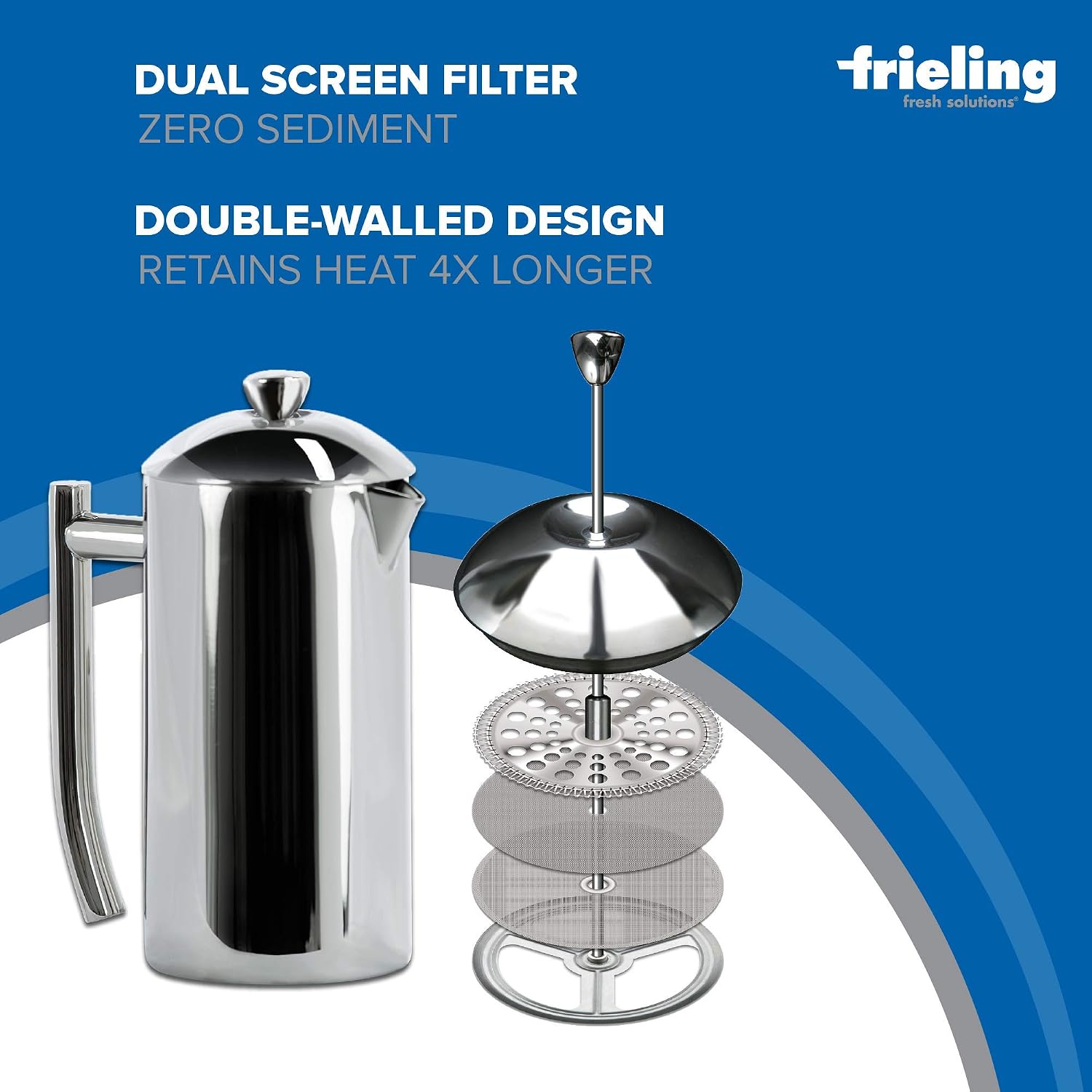 Frieling Double-Walled Stainless Steel French Press Coffee Maker - 36 oz Polished & Insulated Press Pot - Stainless Steel Coffee Maker