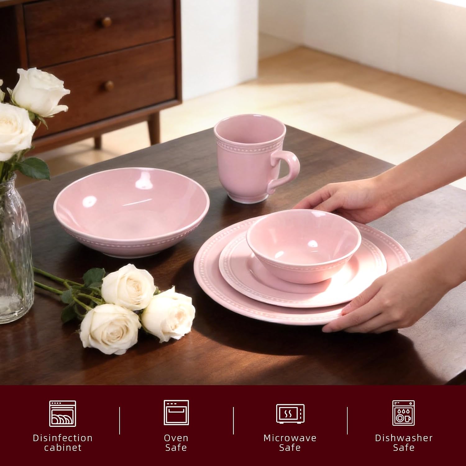 HomeVSS 20-Piece Pearl Dots Stoneware Dinnerware Set, Pink, Service for 4