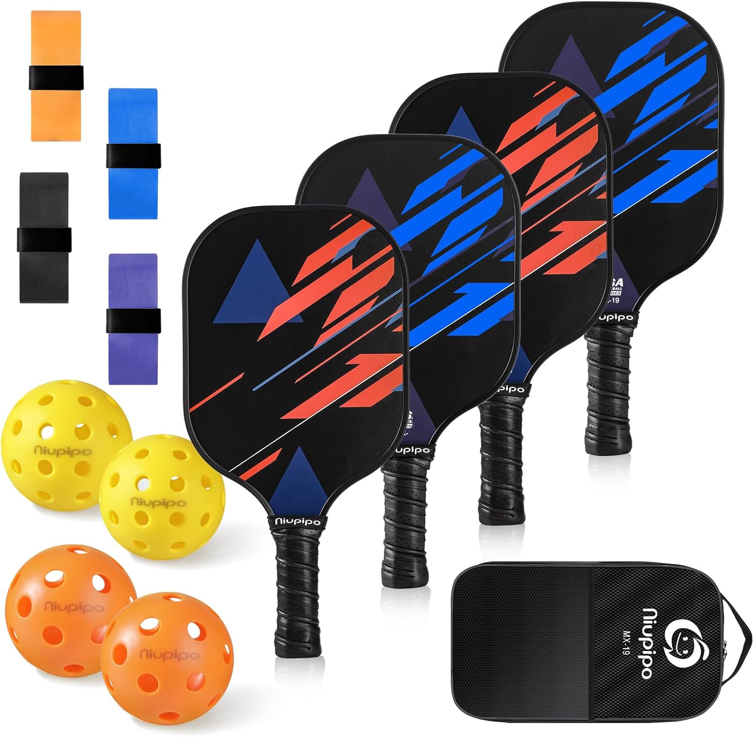 niupipo Pickleball Paddles Set of 2 or 4, USAPA Approved Fiberglass Pickleball Paddle Set with Balls and Bag, Polypropylene Honeycomb Core