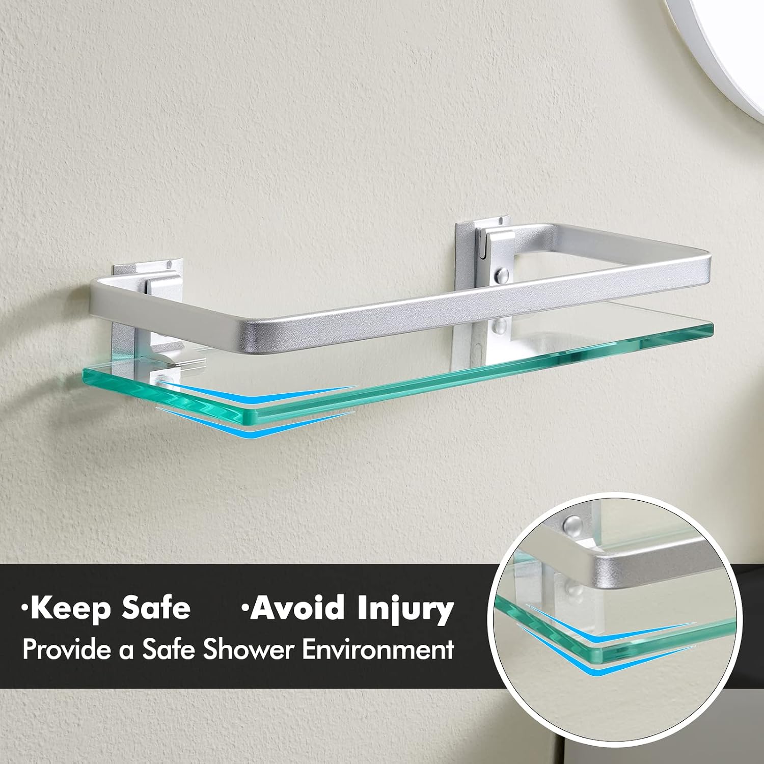 KES Glass Shelves for Bathroom, Floating Tempered Glass Shelves 14 Inch | Aluminum Extra Thick 2 Pack Rectangular Storage Organizer Wall Mount Silver