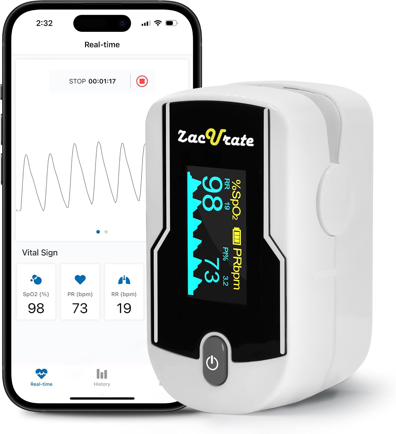 Zacurate 500E-B Wireless Bluetooth Fingertip Blood Pulse Oximeter Monitor with FREE App, SpO2, Heart Rate, Plethysmograph