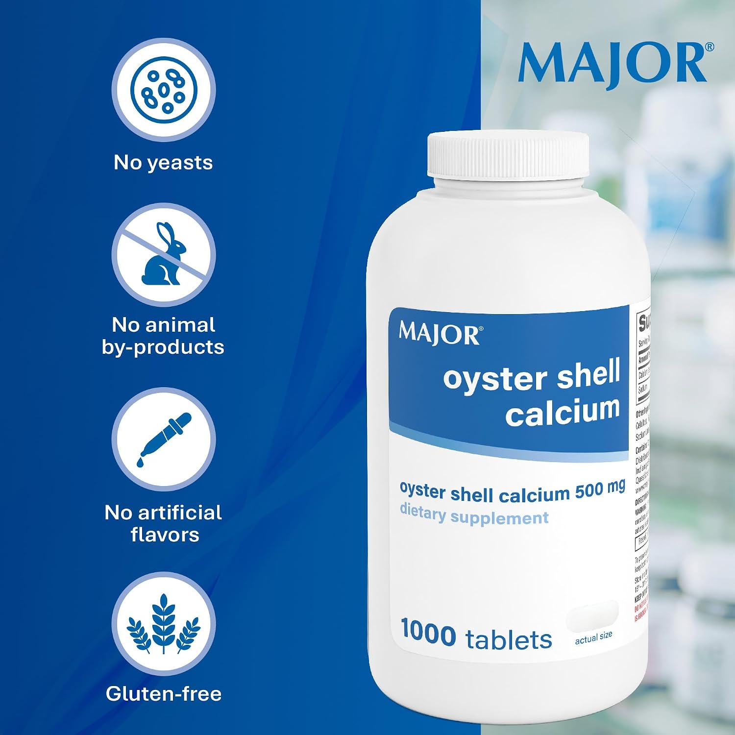 MAJOR Oyster Shell Calcium 500mg, Gluten-Free, 1000 Tablets (1-Pack) | Dietary Supplement for Bone Health and Joint Support, Mineral Supplement, Helps Support Healthy Calcium Levels