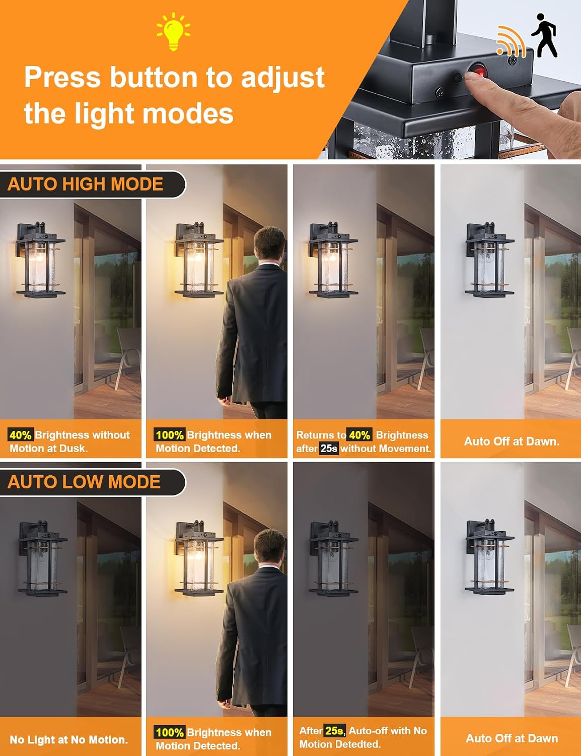 Rustic Dusk to Dawn Outdoor Wall Light Fixture 13.8"H Waterproof Exterior Wall Sconces Black Metal with Seeded Glass Sensor Outdoor Wall Lantern for