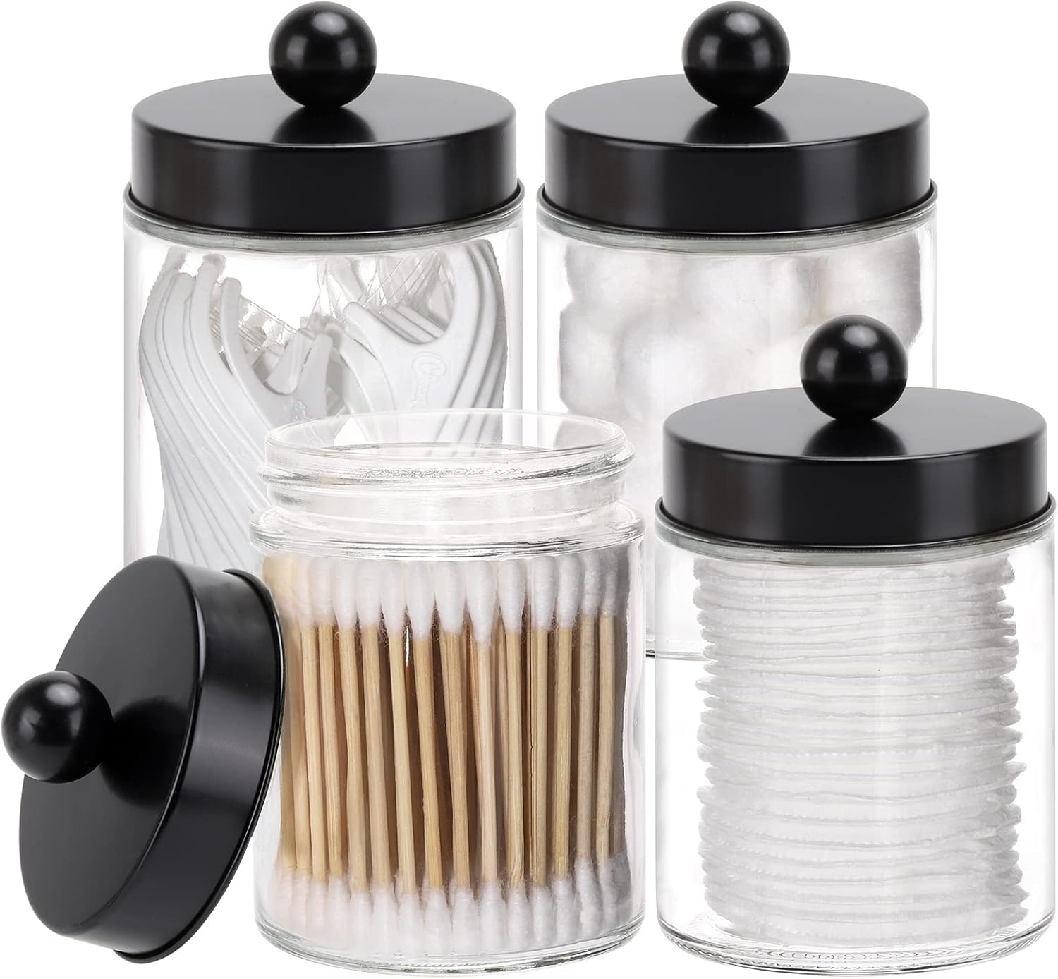 Tbestmax Glass Qtip Holder Dispenser, 10-Ounce Bathroom Containers Apothecary Jars with Metal Lids for Cotton Ball Swab Pad (4 Pack)