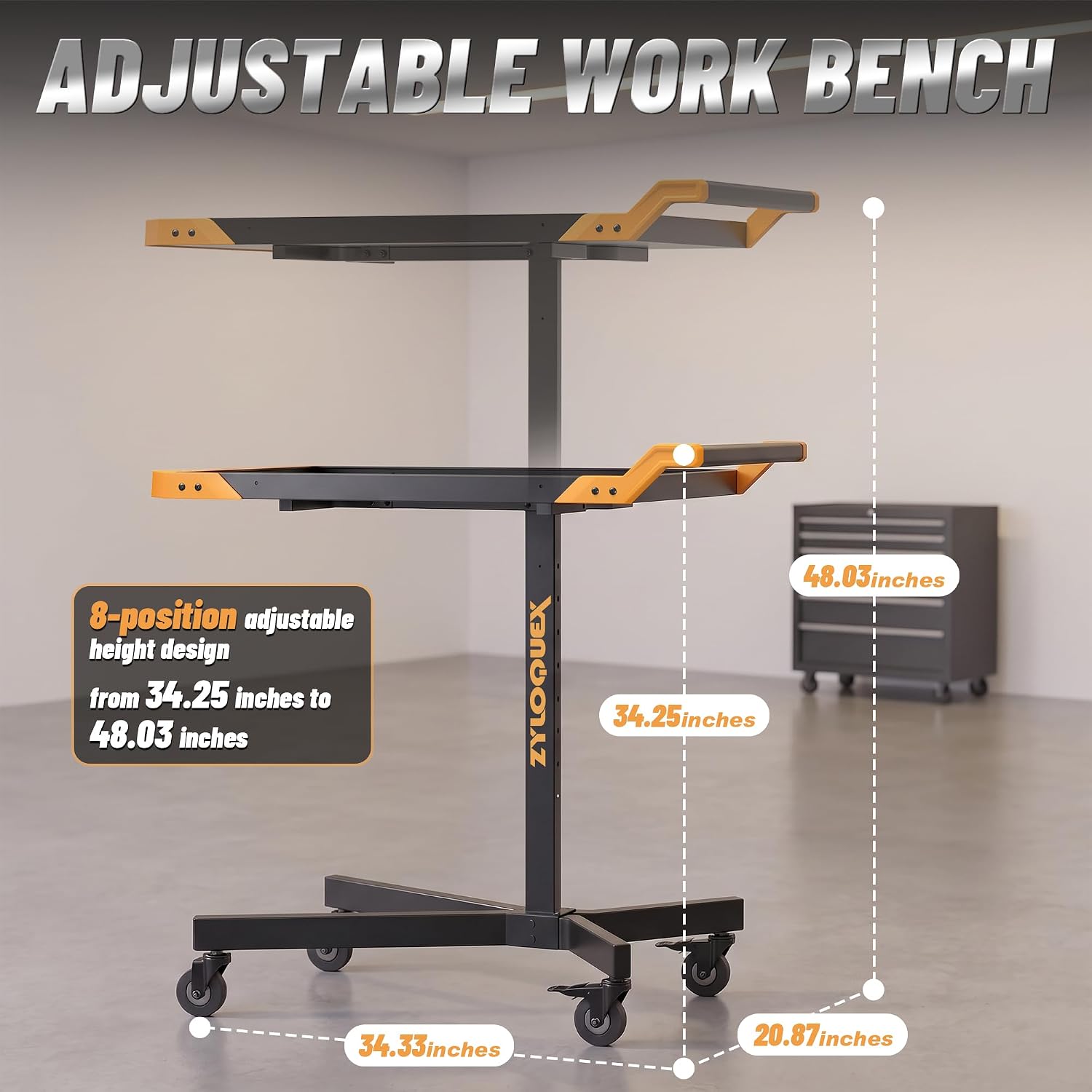 Adjustable Work Bench, Mobile Rolling Tool Cart, 34"-48" Height | 8-Adjustable Height Settings, 110lbs Capacity, Heavy-duty Steel Frame