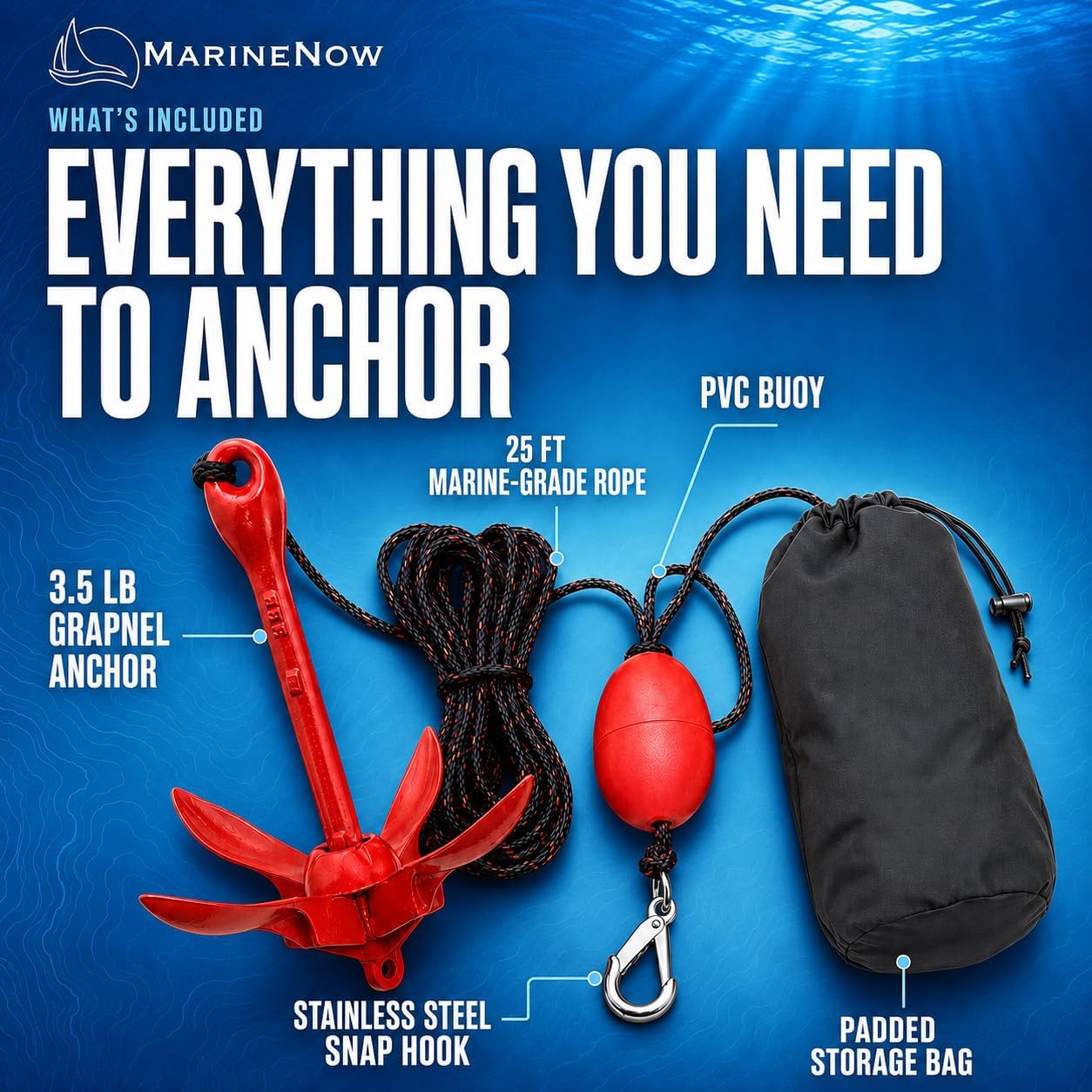 3.5 lb Grapnel Anchor Kit – Folding Anchor with 25 ft Marine-Grade Rope, Buoy, Snap Hook & Storage Bag – Ideal for Kayaks, Jet Skis, SUP, Canoes