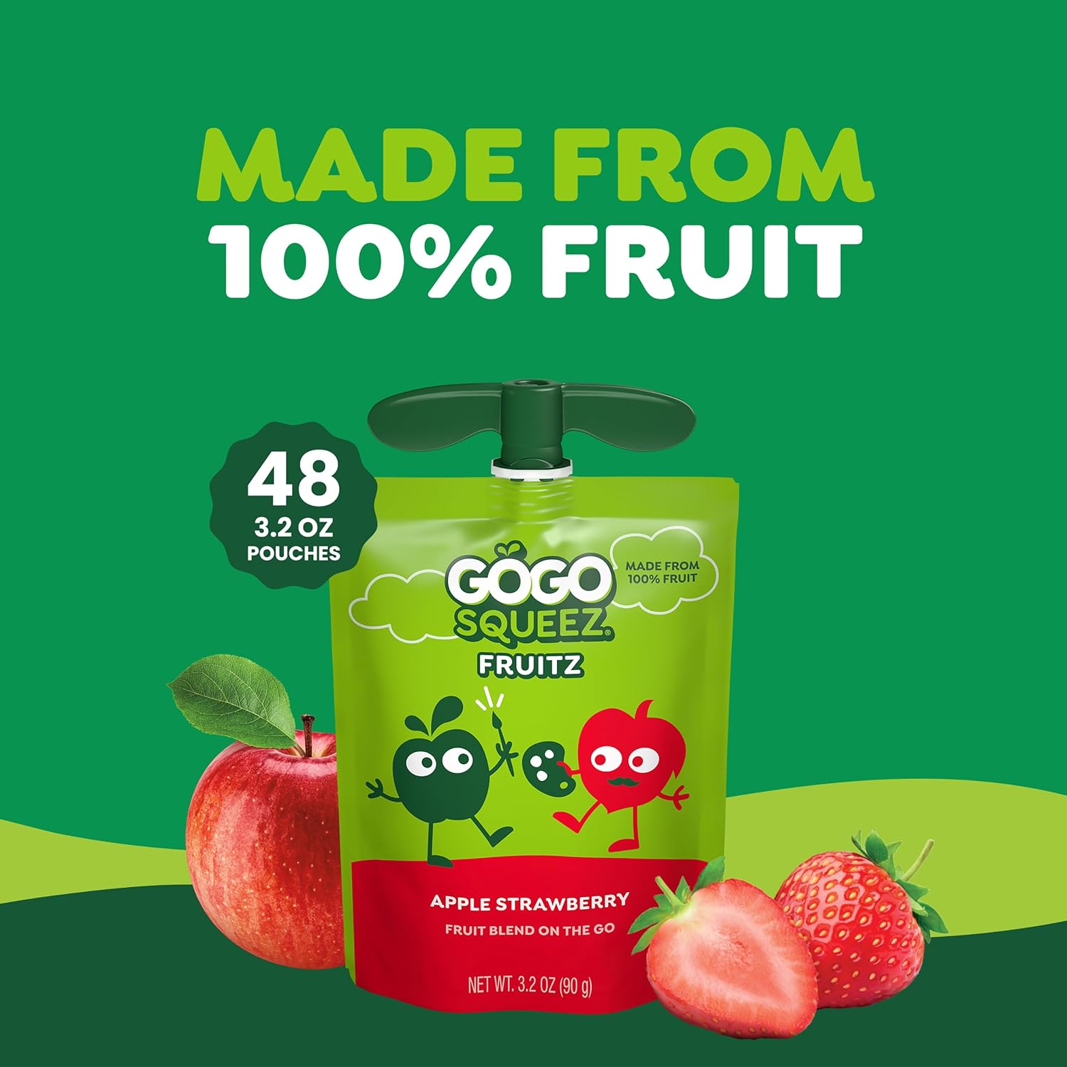 GoGo squeeZ No Sugar Added Applesauce, Apple Apple, 3.2 oz, 48 Count | Kids on the go fruit snack made with applesauce & fruit puree; 3.2 oz pouches, gluten and nut free, recloseable cap, BPA-free