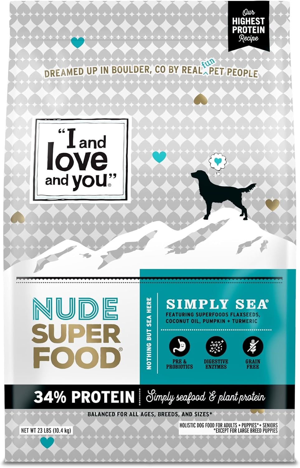 I and love and you Nude Super Food Dry Dog Food - Salmon + Whitefish - Prebiotic + Probiotic, Grain Free, Real Meat, No Fillers, 5lb Bag