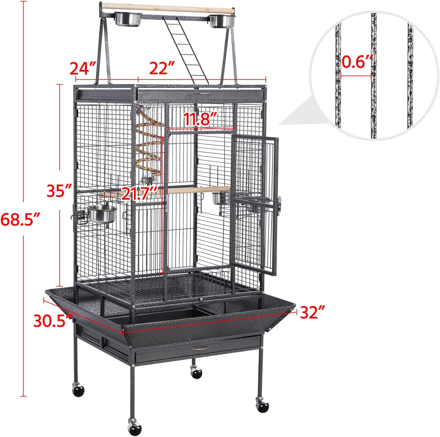 Yaheetech 69" Large Bird Cage, Rolling Parrot Cage for Parakeets Cockatiels | Play Top with Ladder & Feeders, Slide-Out Tray, Rolling Stand
