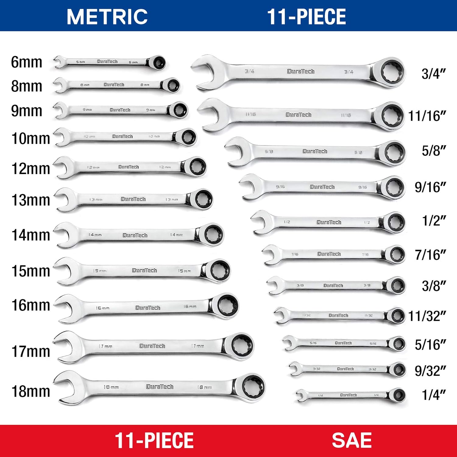 DURATECH 22-Piece Ratcheting Wrench Set, Combination Wrench Set, Metric&SAE