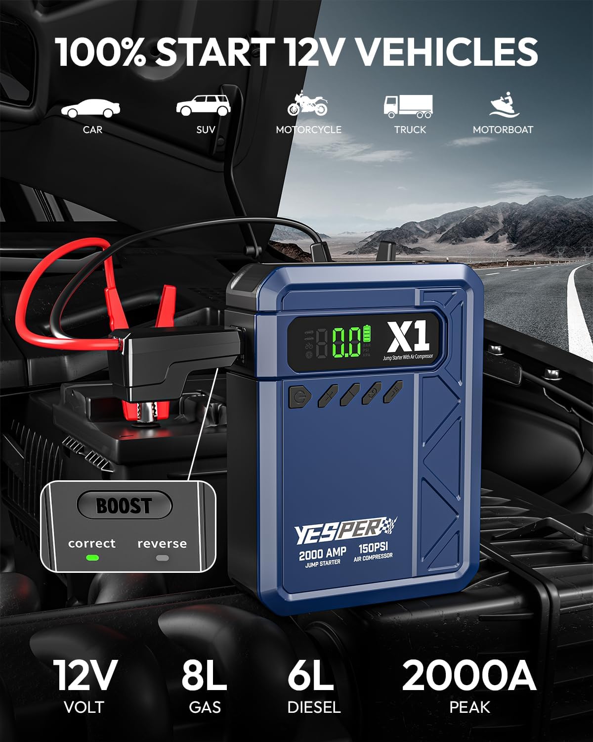 YESPER Jump Starter with Air Compressor 2000A 150PSI Battery Jumper Starter Portable(8L Gas/6L Diesel), 12V Car Jump Pack Battery Charger Jump Box with Jumper Cables, LCD Display, Lights | 2000A Battery Jumper Starter Portable(8L Gas/6L Diesel), Car Batt…