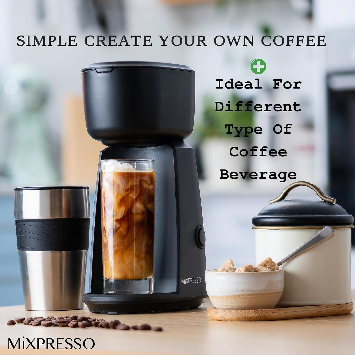 Mixpresso Single Serve & Single Cup Coffee Maker with 14oz Travel Mug Black | For ground coffee only, reusable filter, auto shut off. Compact personal drip coffee maker, not compatible with K-Cup pods.