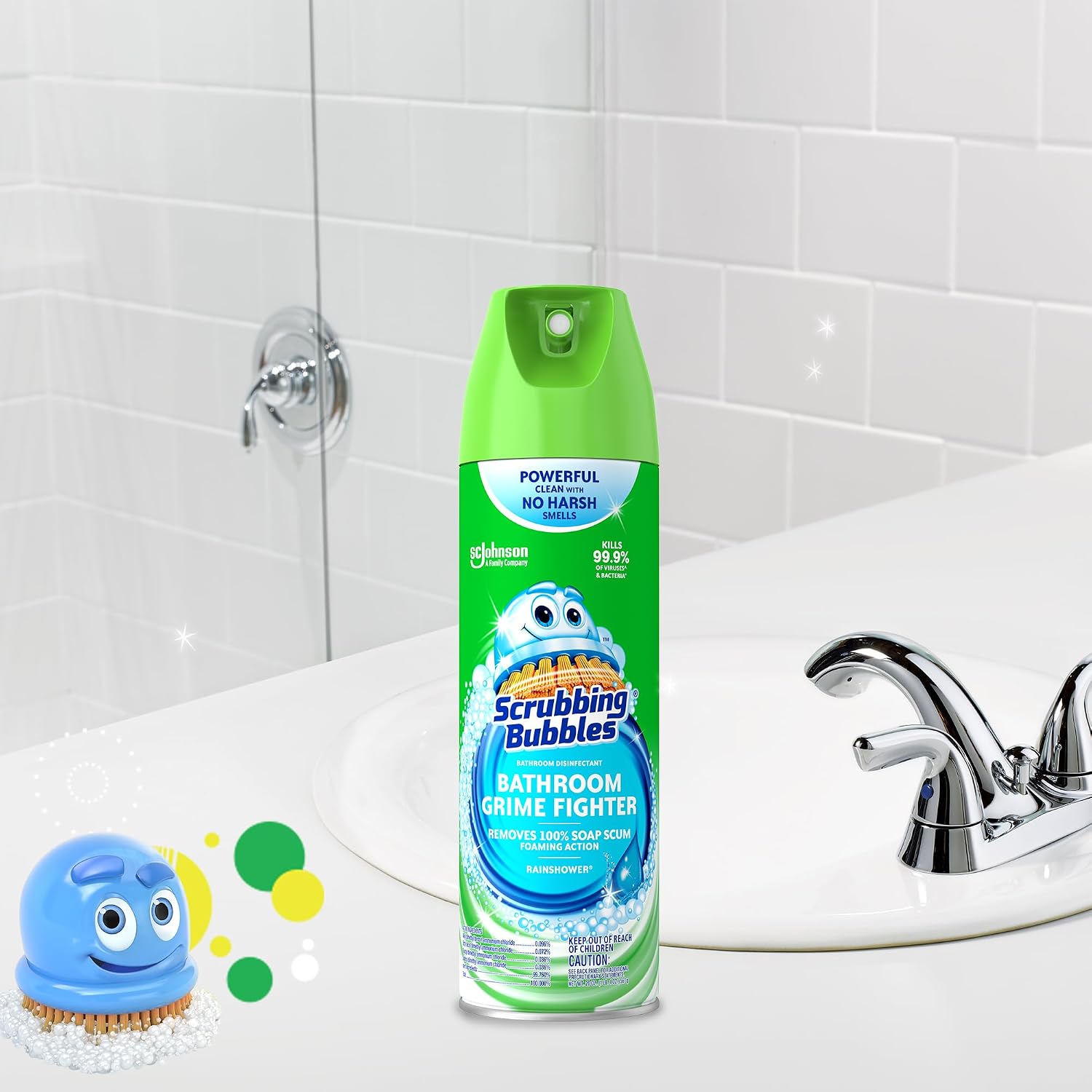 Scrubbing Bubbles Bathroom and Shower Cleaner Disinfectant Aerosol, Foaming Action Bathroom Grime Fighter, Rainshower Scent, 20oz