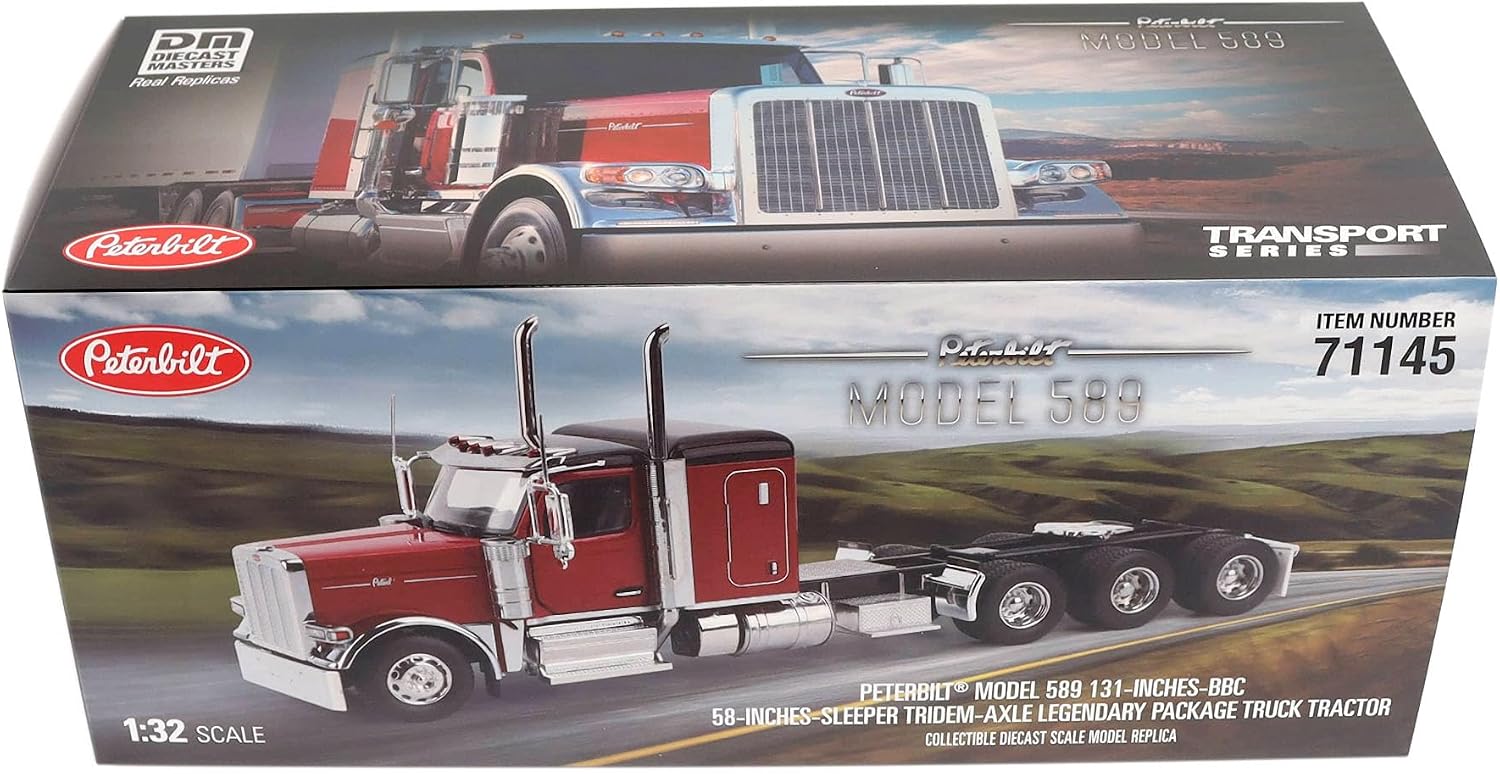 1:32 Scale Peterbilt Model 589 131-inches-BBC 58-inches-Sleeper Tridem-Axle Legendary Package Truck Tractor (Legendary-Red Color) - Transport Series