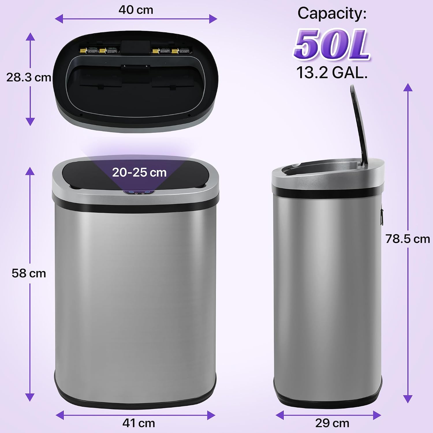 13 Gallon Touch-Free Automatic Stainless-Steel Trash Can Garbage Can Metal Trash Bin with Lid for Kitchen Living Room Office Bathroom, Electronic Motion Sensor Automatic Closure & Opening