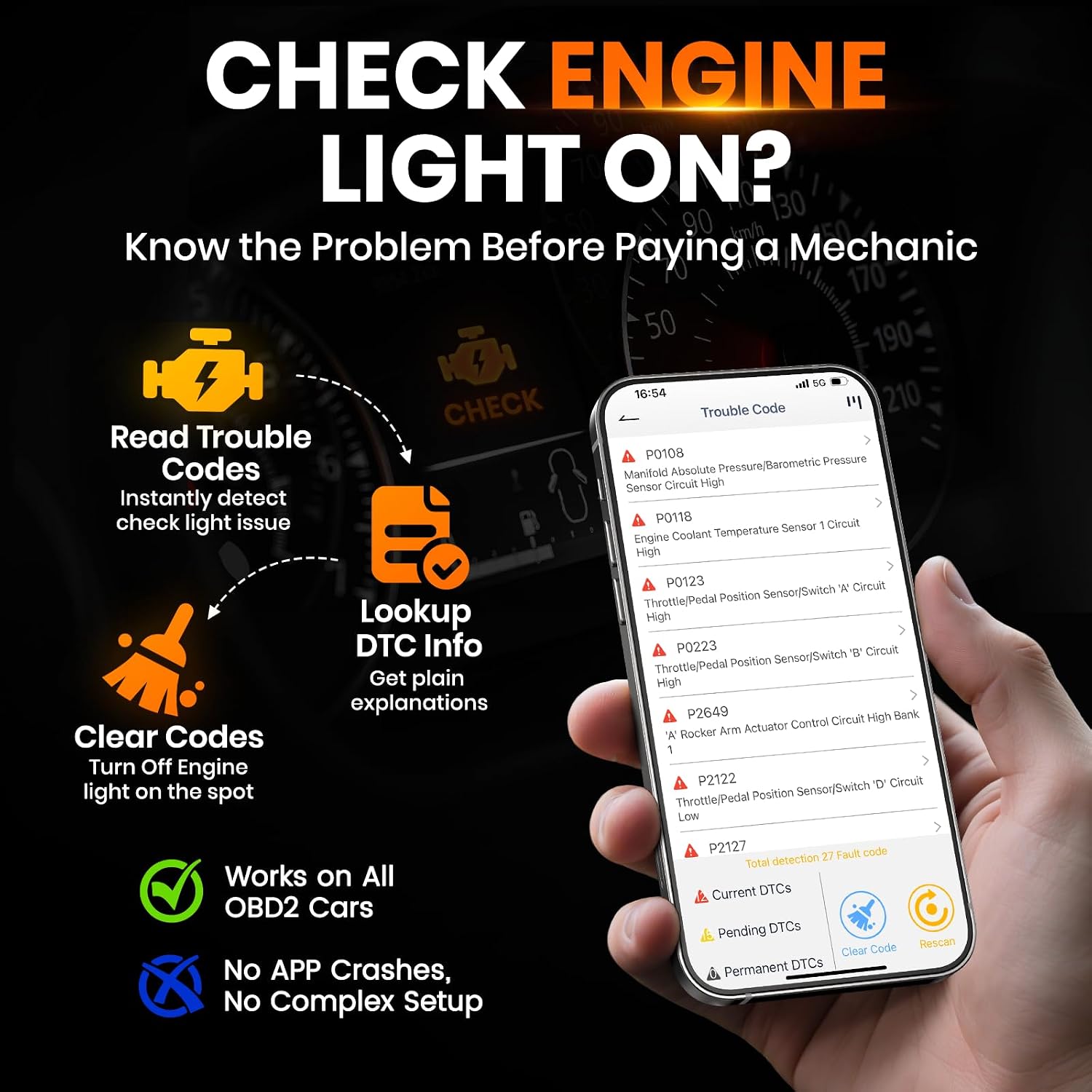 ANCEL BD310 Bluetooth OBD2 Scanner, 2-in-1 Car Diagnostic Scan Tool & Code Reader with App, Battery Test, Trip Analysis, Performance Test