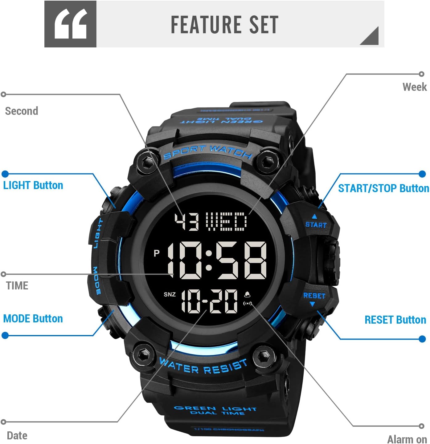 FANMIS Men's Digital 50M Waterproof Electronic Sport Watch Rubber Band Army Military 24H Time LED Light 164FT Water Resistant Calendar Date Day Watches