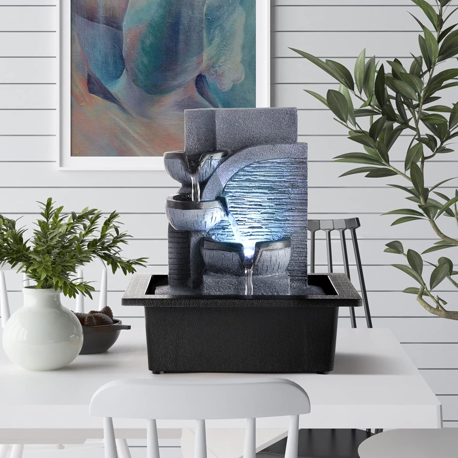 WICHEMI Indoor Water Fountain Tabletop Fountain Stacked Rock with LED Light | Relaxing Water Feature, Meditation Fountain, Soothing Sound, Stress Relief, For Home Office Bedroom Decor, 7.8"x7.8"x7.9"