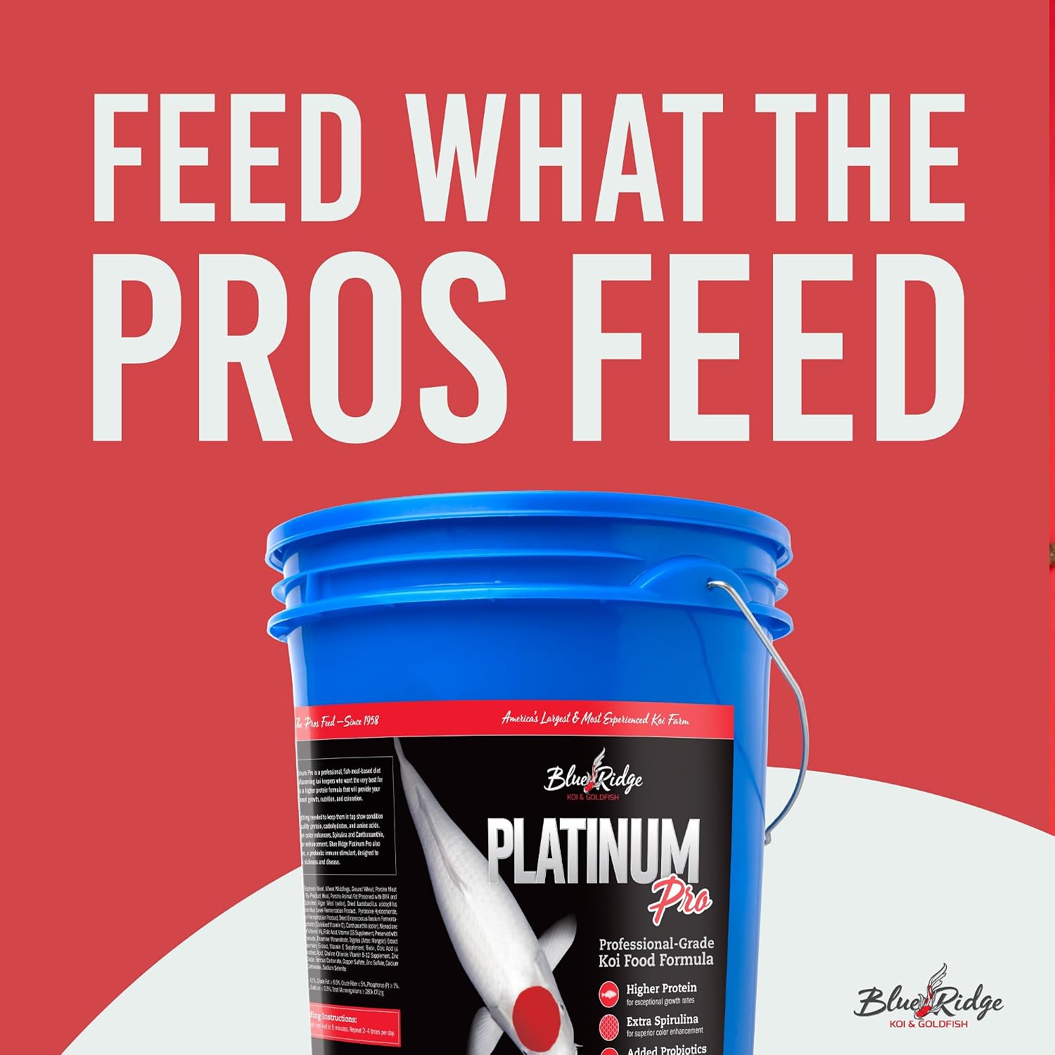 Blue Ridge Koi Platinum Pro 41% Protein Fish Food, 3/16" Pellets, 4.5 lb | Floats, softens fast; Spirulina & Canthaxanthin color support; probiotic-enriched; warm-season formula