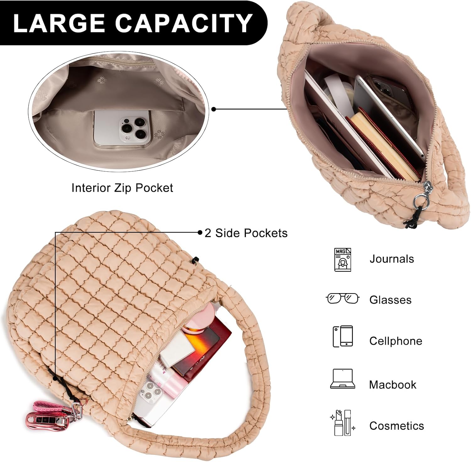 Puffer Tote Bag for Women Large Quilted Puffy Lightweight Carryall Crossbody Tote Bag for Women
